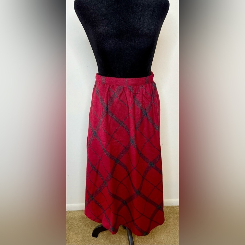 Vintage 70βs Russ Togs Red Gray plaid midi wool blend preppy A line skirt 12 EUC